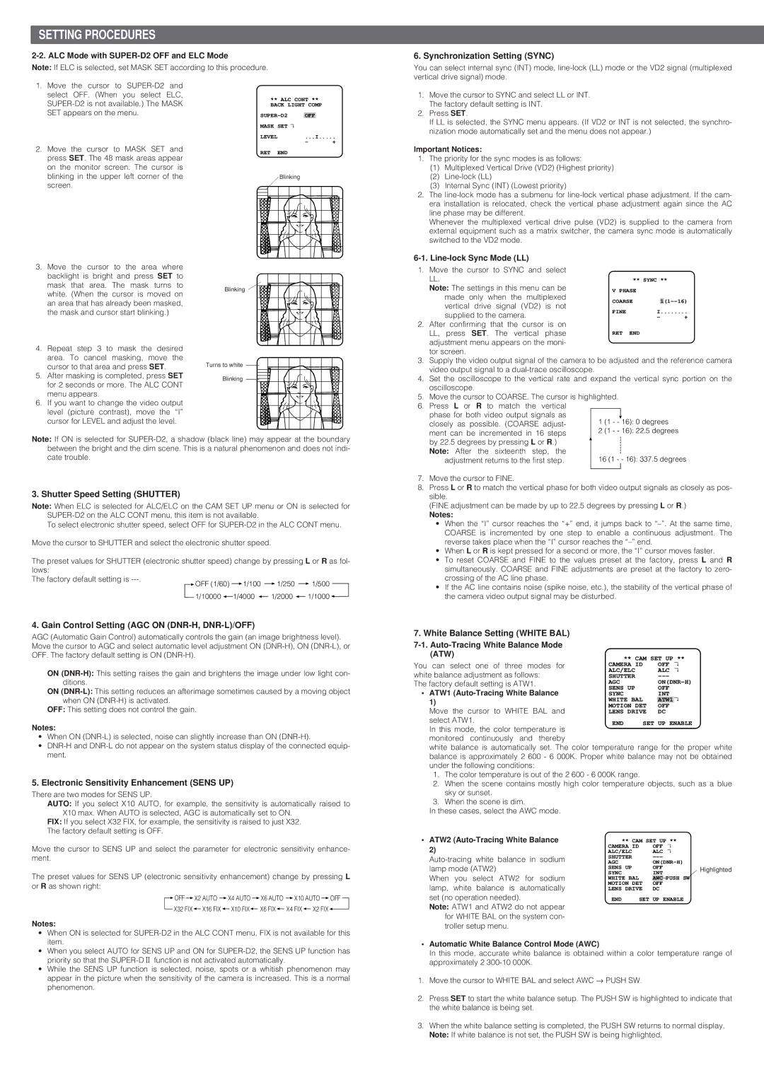 Panasonic WV-CP474H Synchronization Setting Sync, Shutter Speed Setting Shutter, White Balance Setting White BAL 