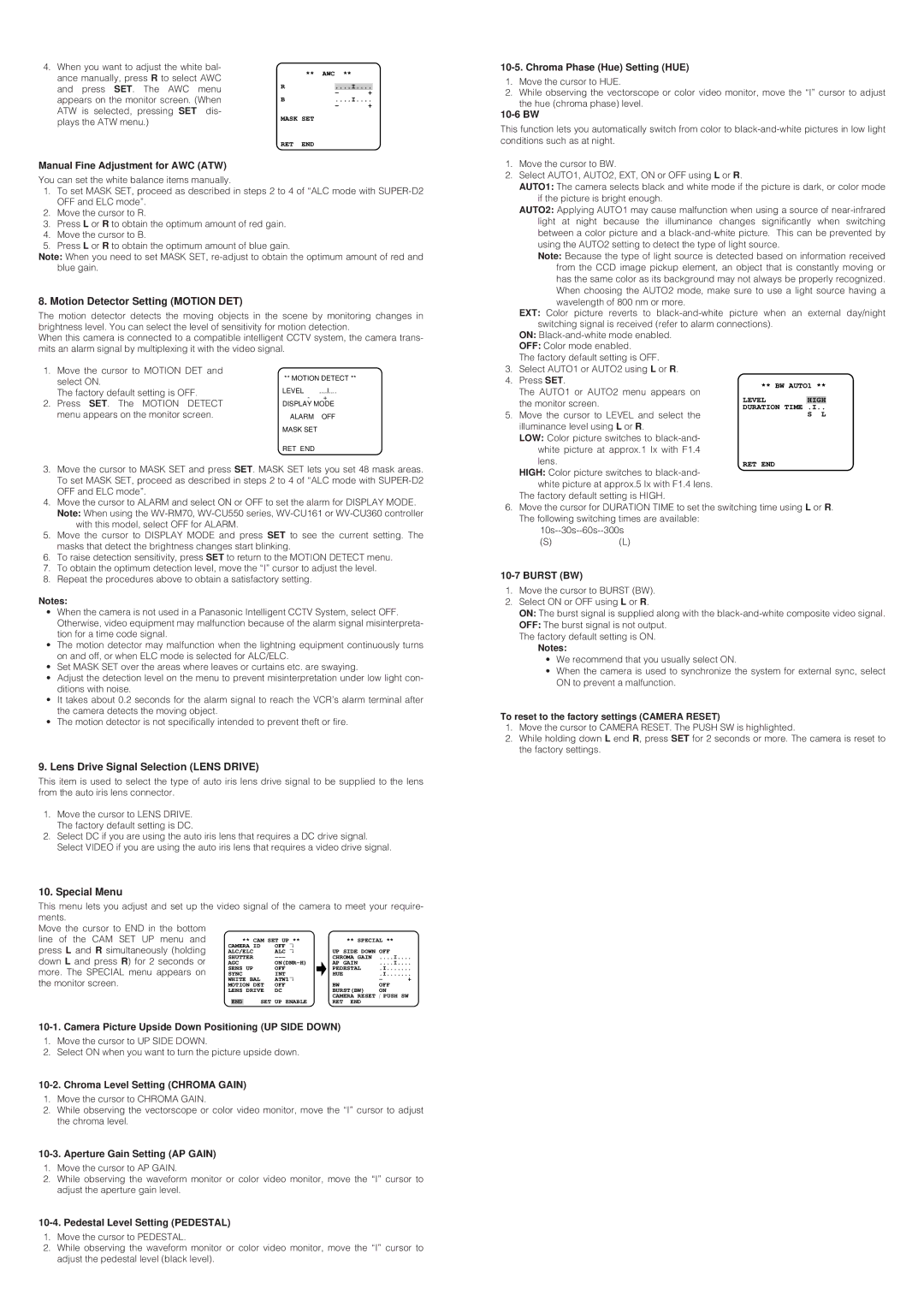 Panasonic WV-CP474H Motion Detector Setting Motion DET, Lens Drive Signal Selection Lens Drive, Special Menu 