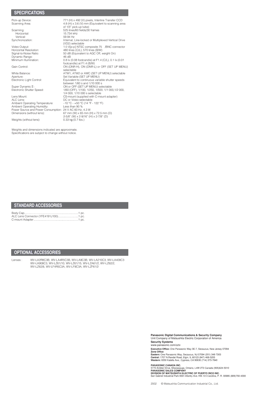 Panasonic WV-CP474H operating instructions Specifications, Standard Accessories, Optional Accessories, Security Systems 