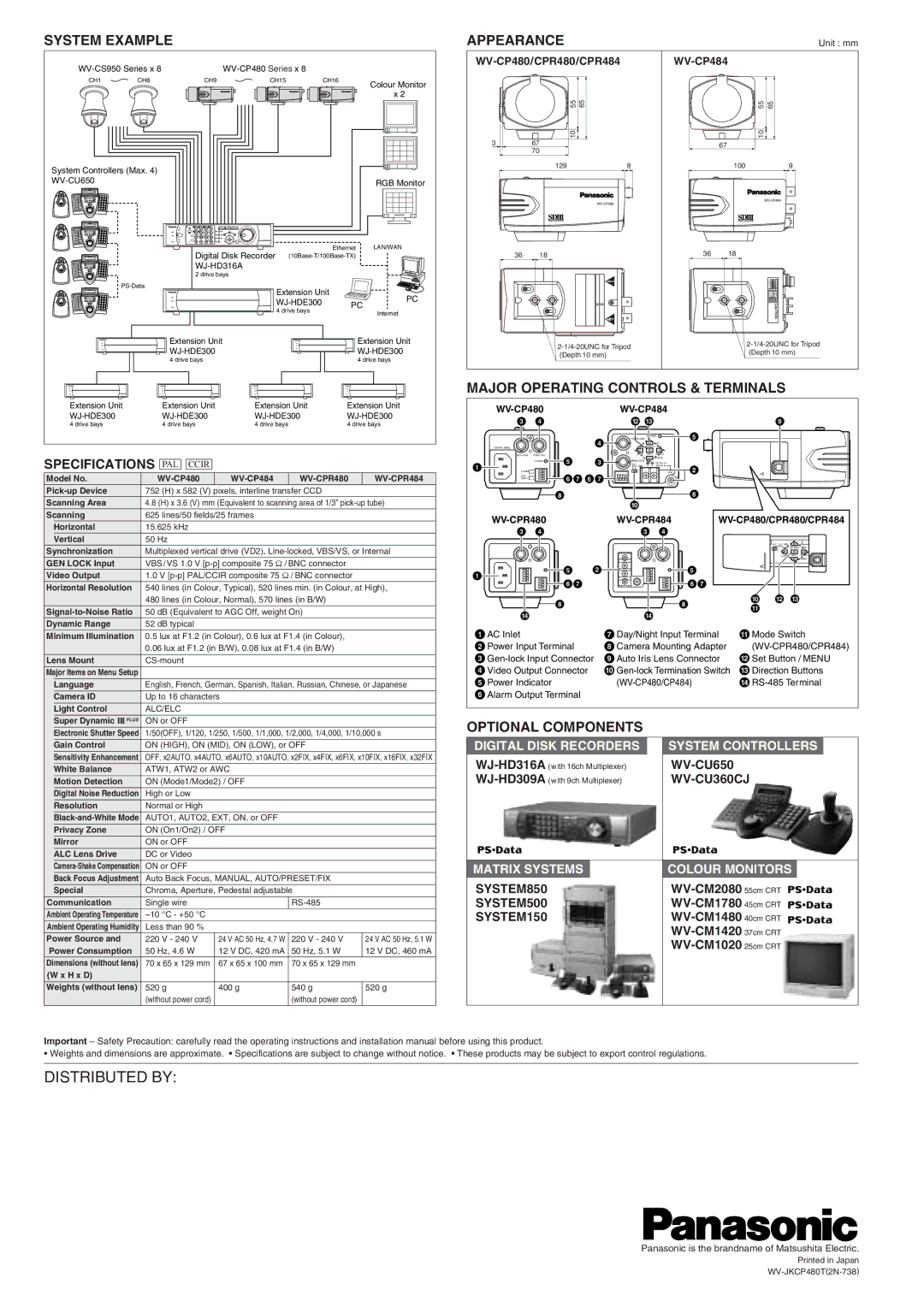 Panasonic WV-CP480 manual System Example, Appearance, Major Operating Controls & Terminals, Optional Components 