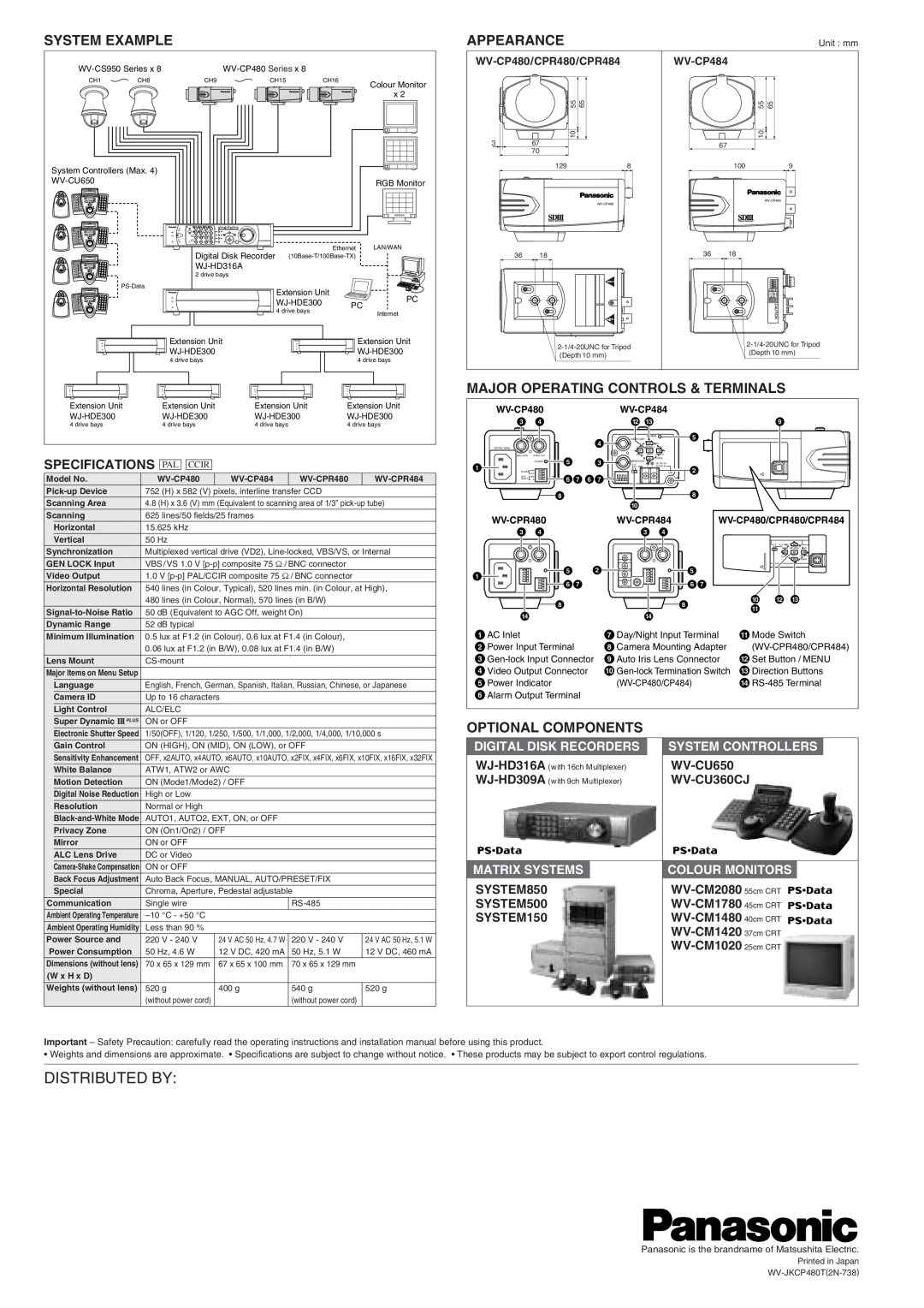 Panasonic WV-CP480 Distributed By, System Example, Appearance, Major Operating Controls & Terminals, Optional Components 