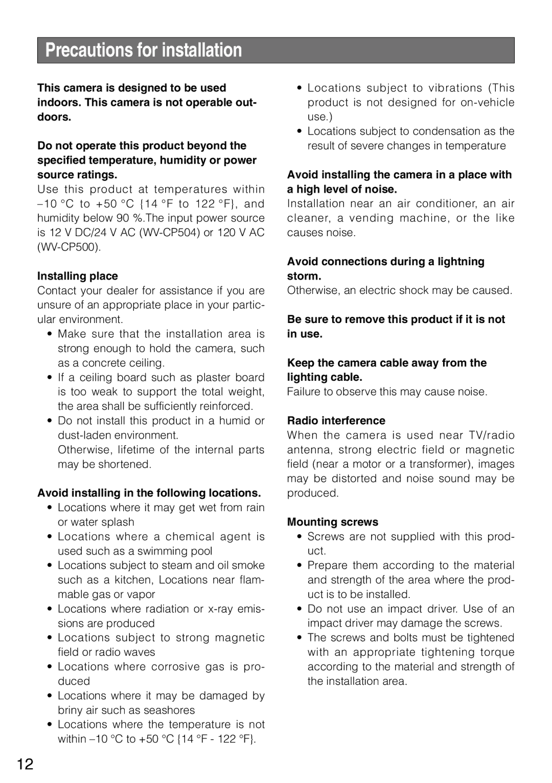 Panasonic wv-cp500, WV-CP504 manual Precautions for installation 