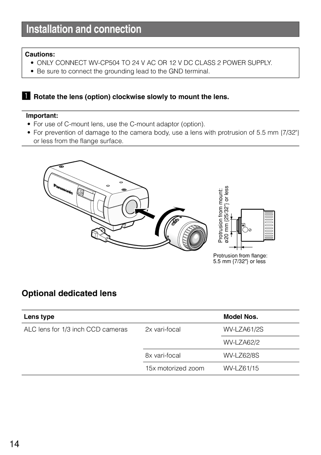 Panasonic wv-cp500, WV-CP504 manual Installation and connection, Rotate the lens option clockwise slowly to mount the lens 