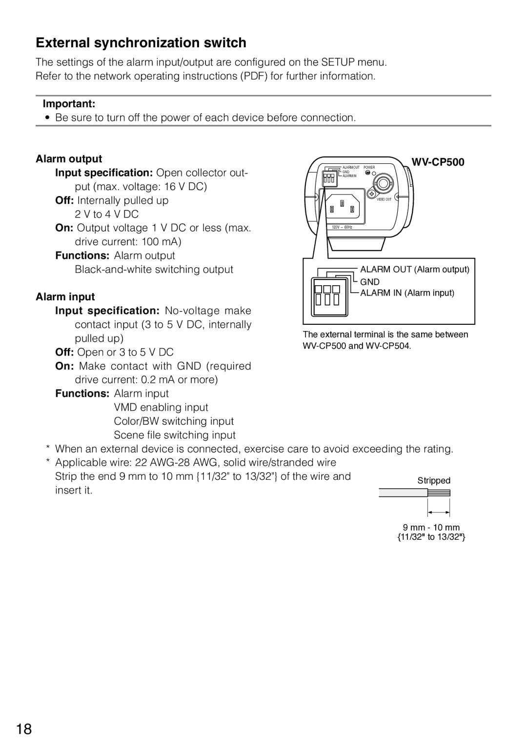 Panasonic wv-cp500, WV-CP504 manual WV-CP500, Functions Alarm input 