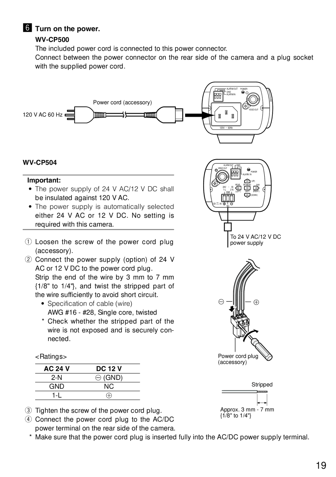 Panasonic WV-CP504, wv-cp500 manual Turn on the power, AC 24 DC 12 