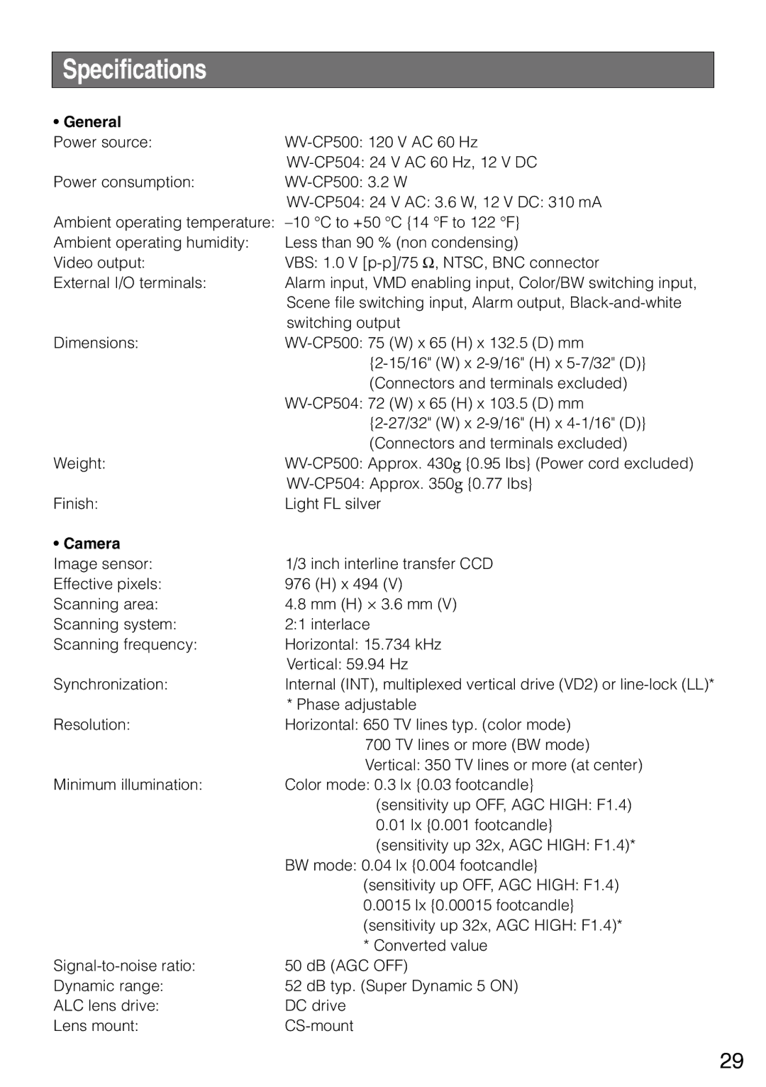 Panasonic WV-CP504, wv-cp500 manual Specifications, General, Camera 