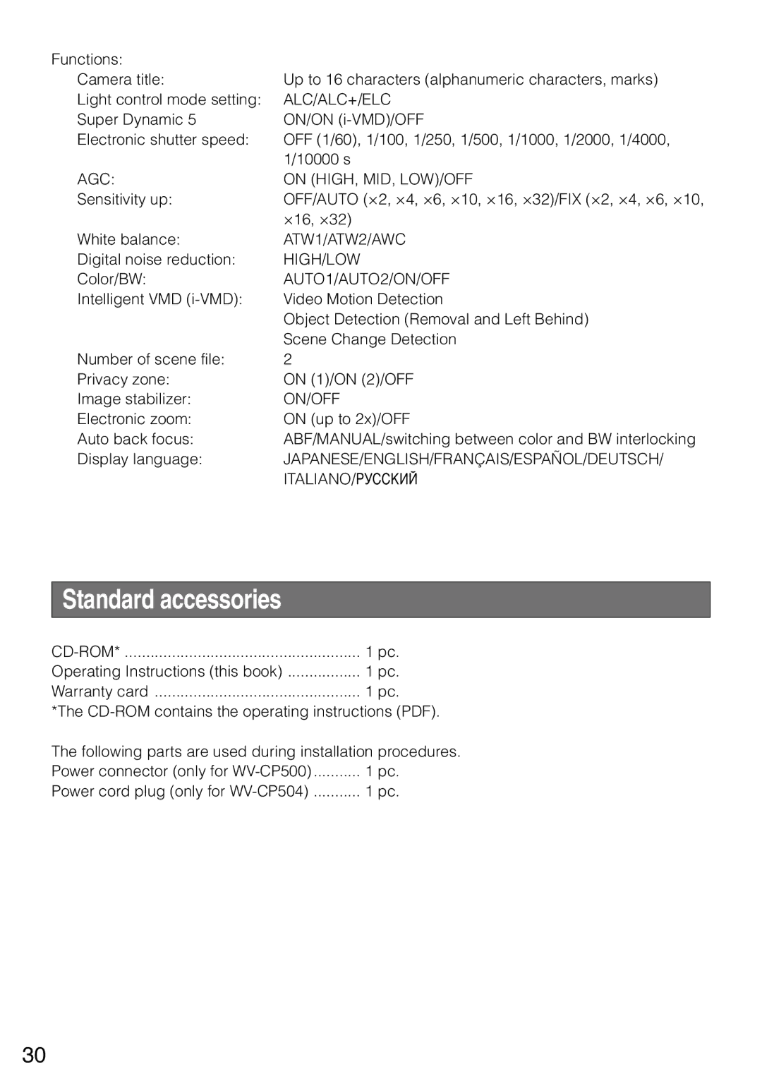 Panasonic wv-cp500, WV-CP504 manual Standard accessories, Alc/Alc+/Elc 