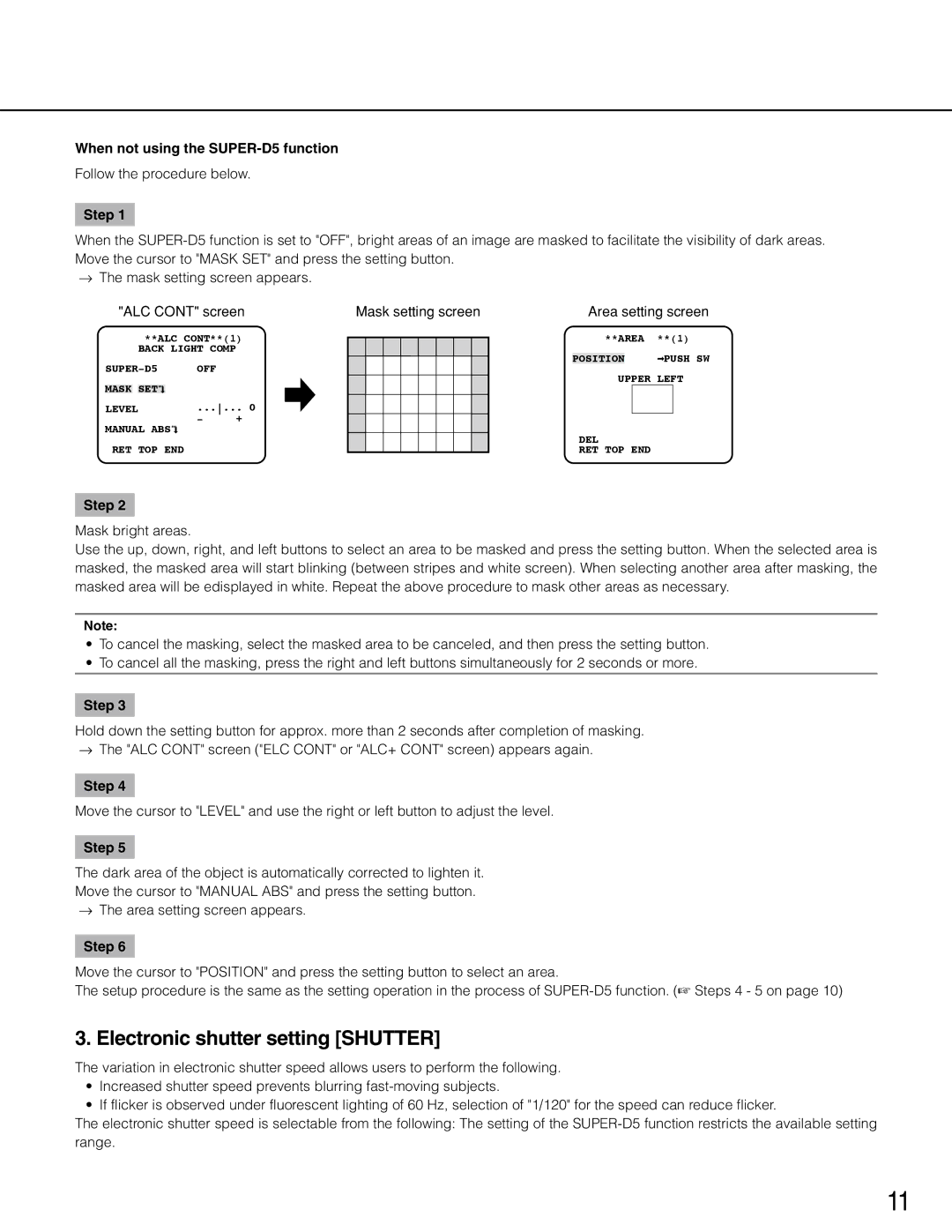 Panasonic WV-CP504, wv-cp500 Electronic shutter setting Shutter, When not using the SUPER-D5 function, Mask setting screen 