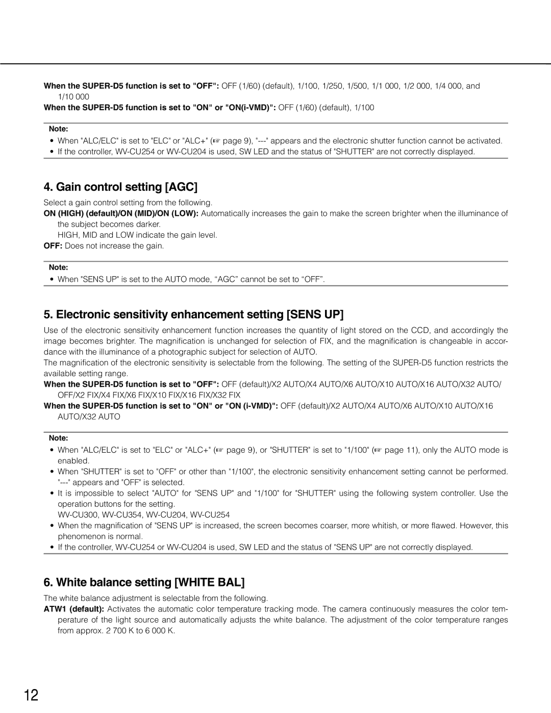 Panasonic wv-cp500, WV-CP504 Gain control setting AGC, Electronic sensitivity enhancement setting Sens UP 