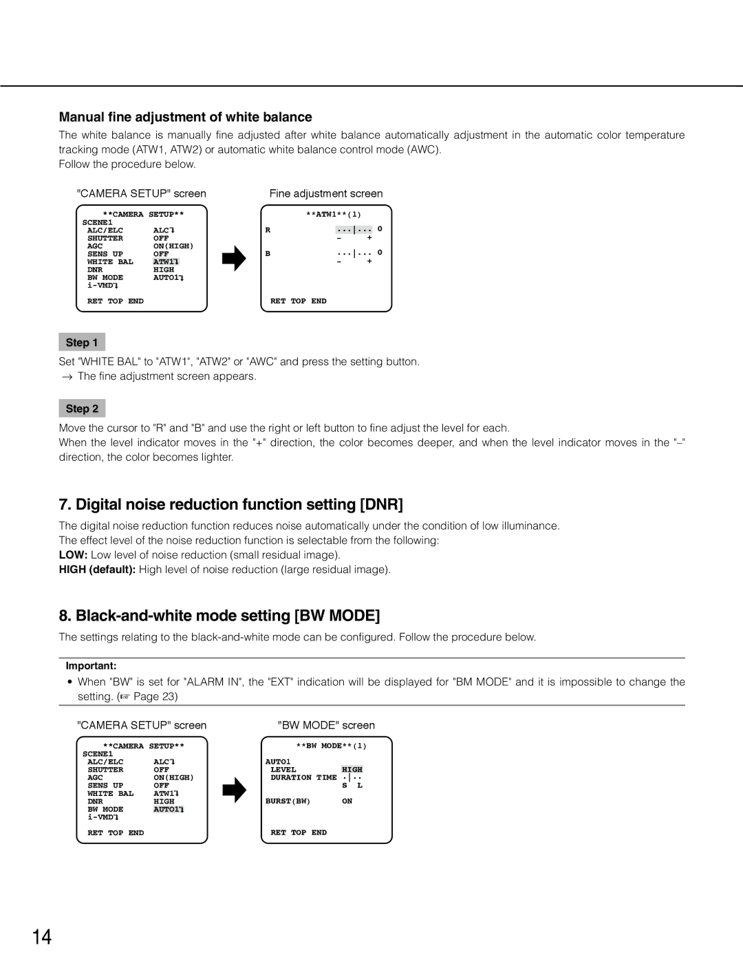 Panasonic wv-cp500 Digital noise reduction function setting DNR, Black-and-white mode setting BW Mode, Camera Setup screen 