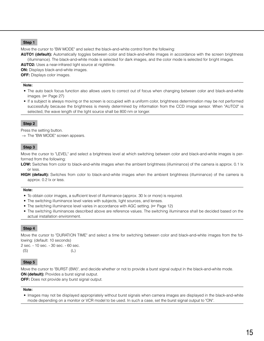 Panasonic WV-CP504, wv-cp500 operating instructions Press the setting button → The BW Mode screen appears 