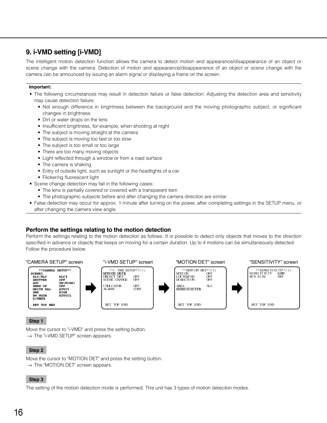 Panasonic wv-cp500, WV-CP504 operating instructions VMD setting i-VMD, Perform the settings relating to the motion detection 