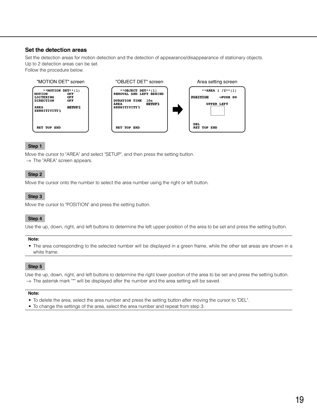 Panasonic WV-CP504, wv-cp500 operating instructions Set the detection areas, Motion DET screen Object DET screen 