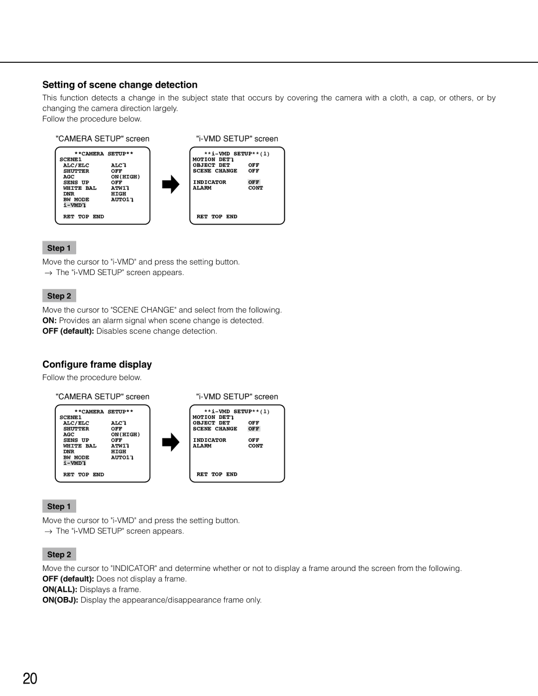 Panasonic wv-cp500 Setting of scene change detection, Configure frame display, Camera Setup screen VMD Setup screen 