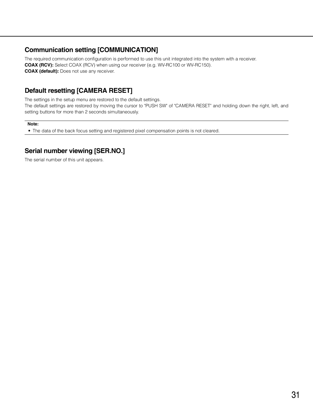 Panasonic WV-CP504 Communication setting Communication, Default resetting Camera Reset, Serial number viewing SER.NO 