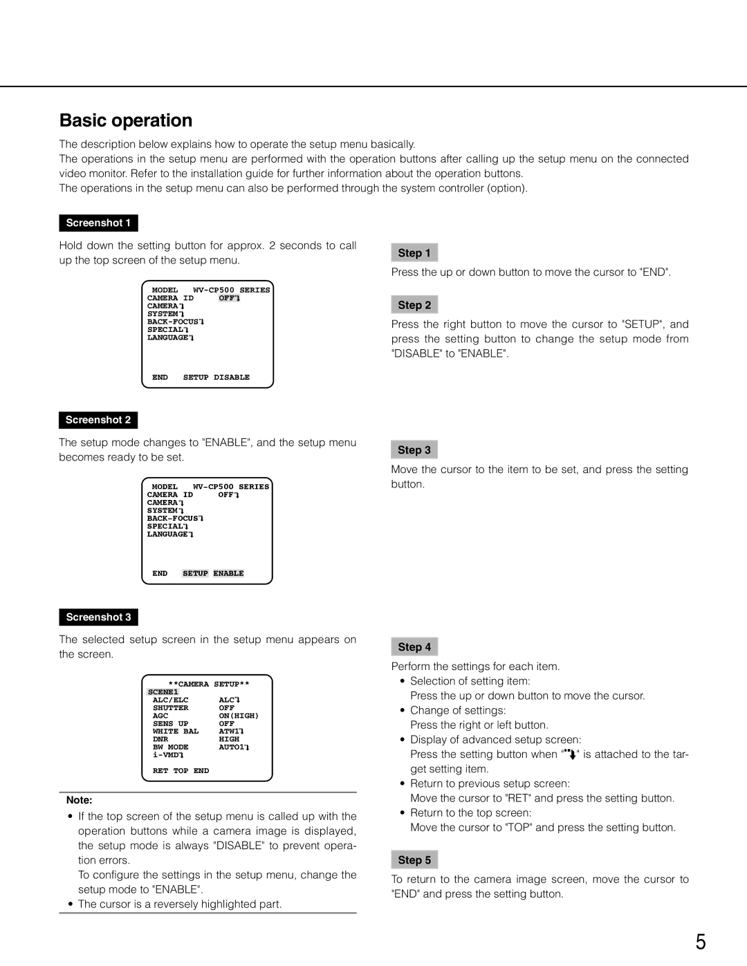 Panasonic WV-CP504, wv-cp500 operating instructions Basic operation, Step 