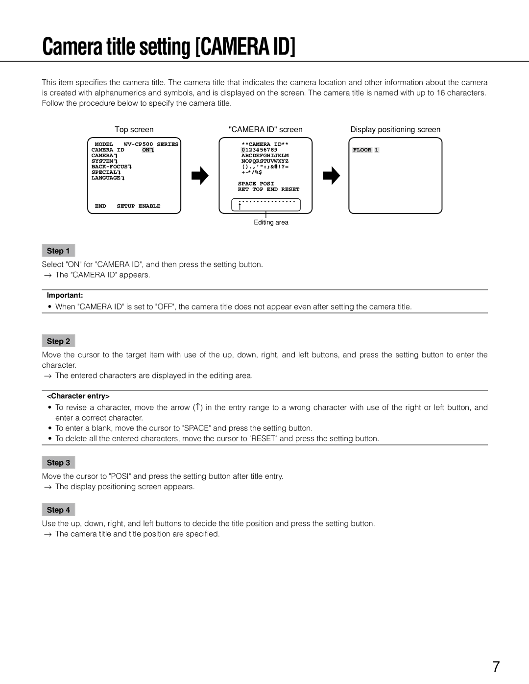 Panasonic WV-CP504, wv-cp500 Camera title setting Camera ID, Top screen Camera ID screen, Display positioning screen 