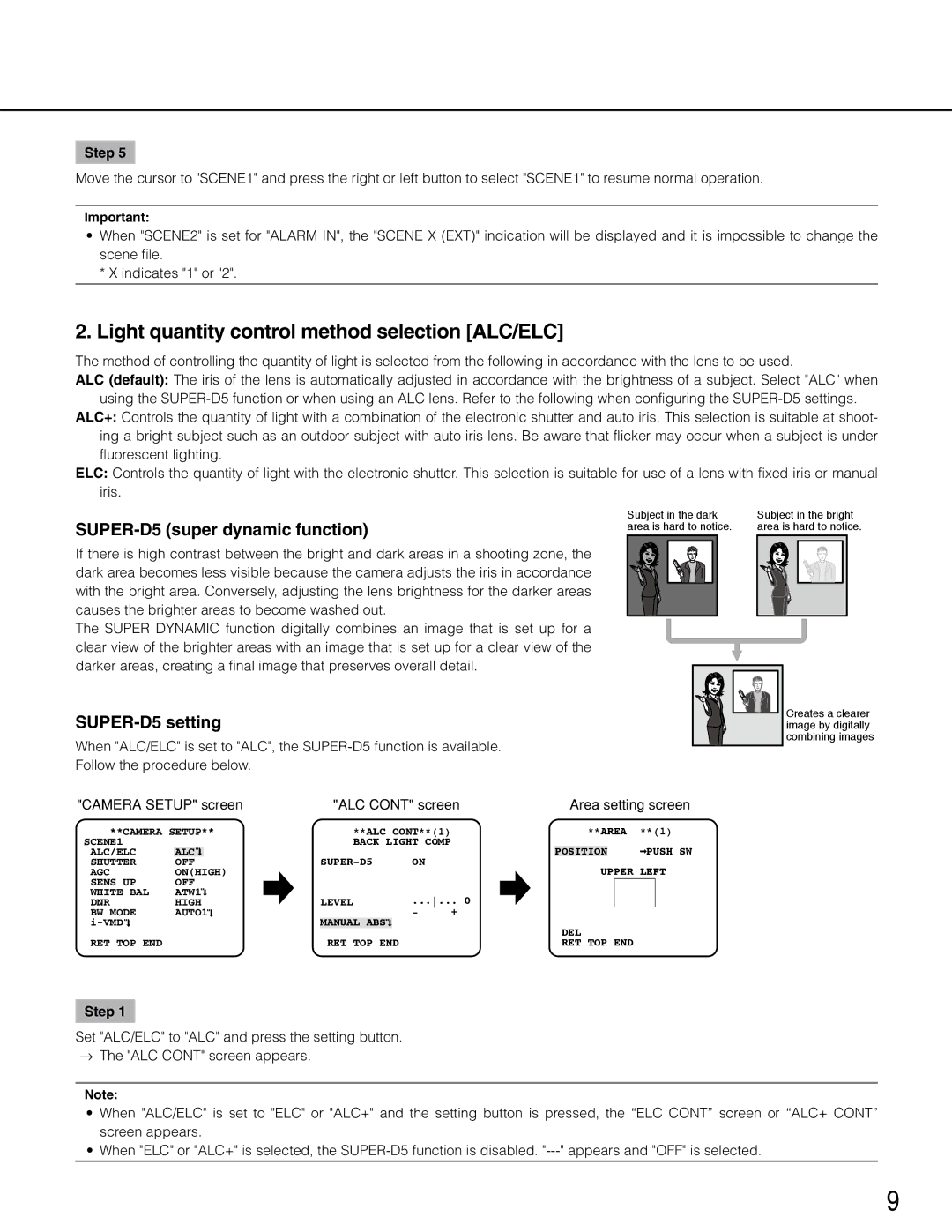 Panasonic WV-CP504 Light quantity control method selection ALC/ELC, SUPER-D5 super dynamic function, SUPER-D5 setting 