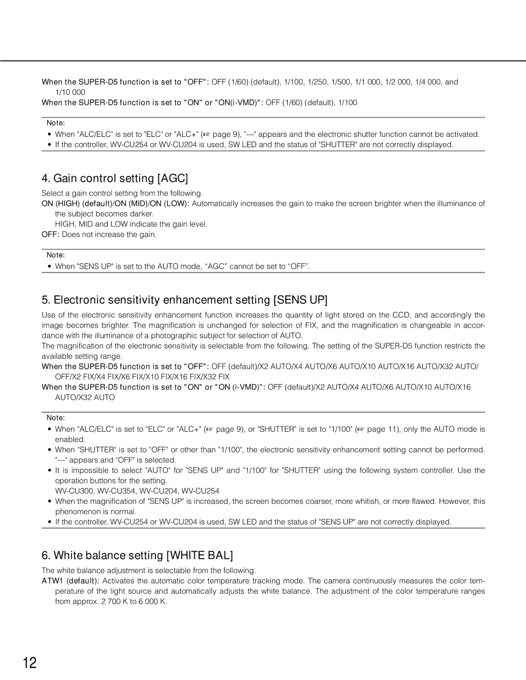 Panasonic wv-cp500 operating instructions Gain control setting AGC, Electronic sensitivity enhancement setting Sens UP 