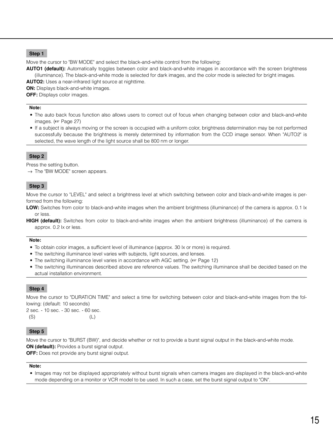 Panasonic wv-cp500 operating instructions Press the setting button → The BW Mode screen appears 