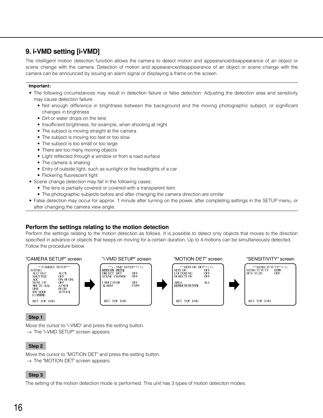 Panasonic wv-cp500 operating instructions VMD setting i-VMD, Perform the settings relating to the motion detection 