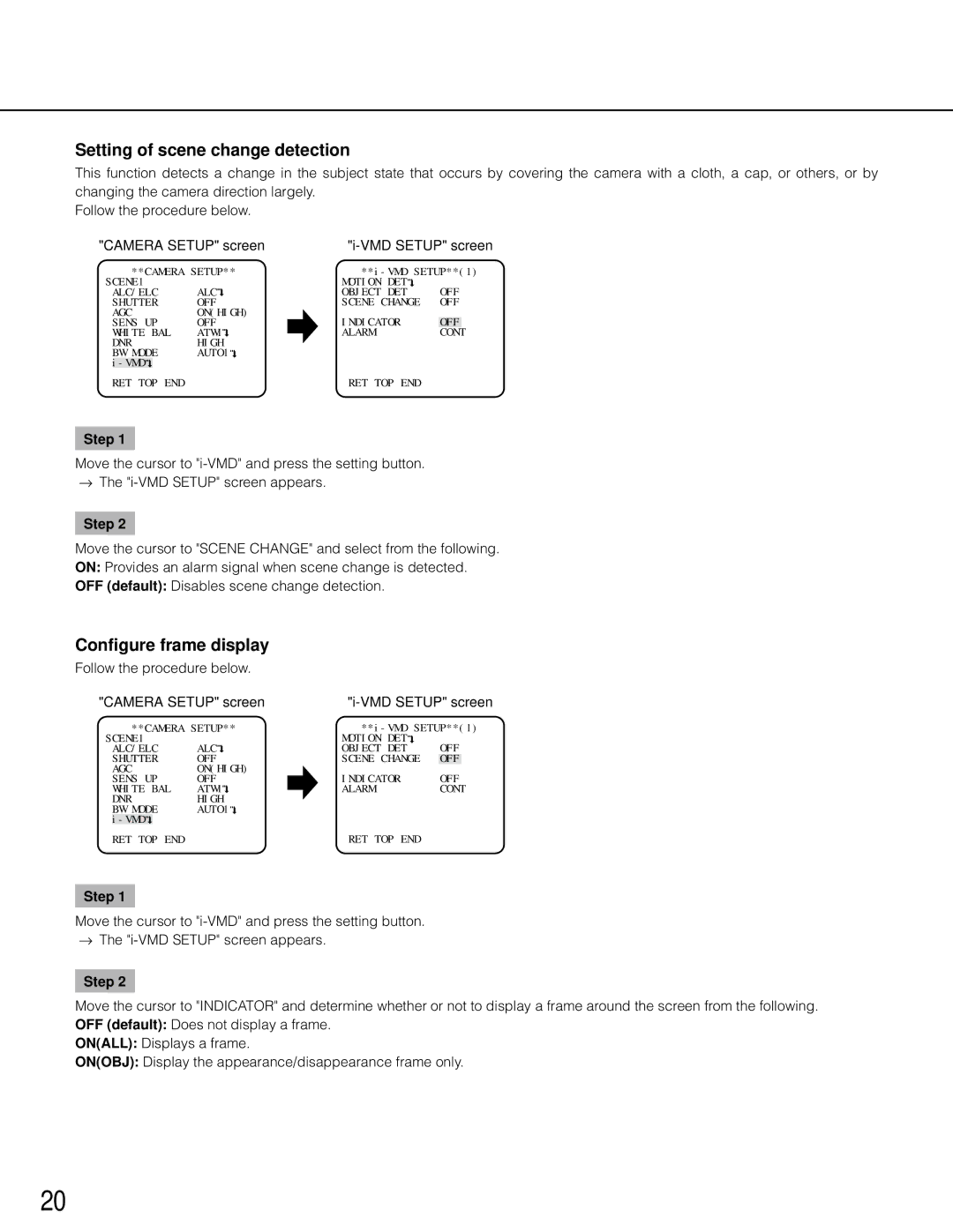 Panasonic wv-cp500 Setting of scene change detection, Configure frame display, Camera Setup screen VMD Setup screen 