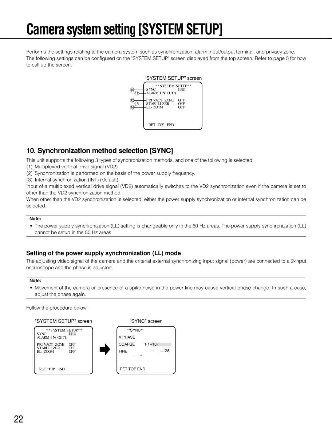 Panasonic wv-cp500 operating instructions Camera system setting System Setup, Synchronization method selection Sync 