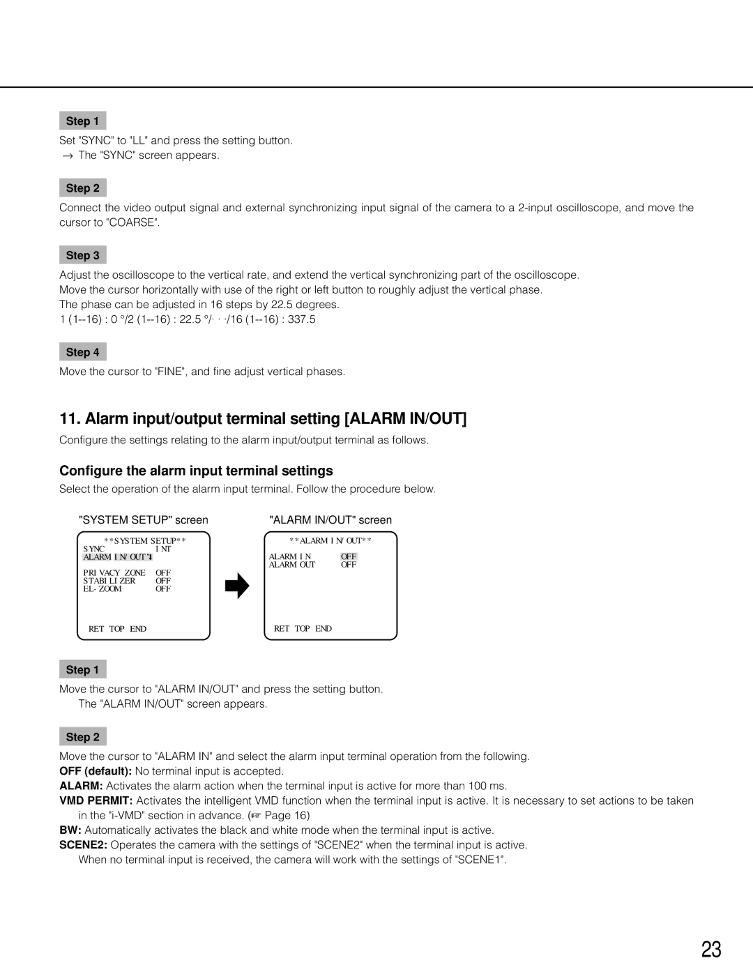 Panasonic wv-cp500 Alarm input/output terminal setting Alarm IN/OUT, Configure the alarm input terminal settings 