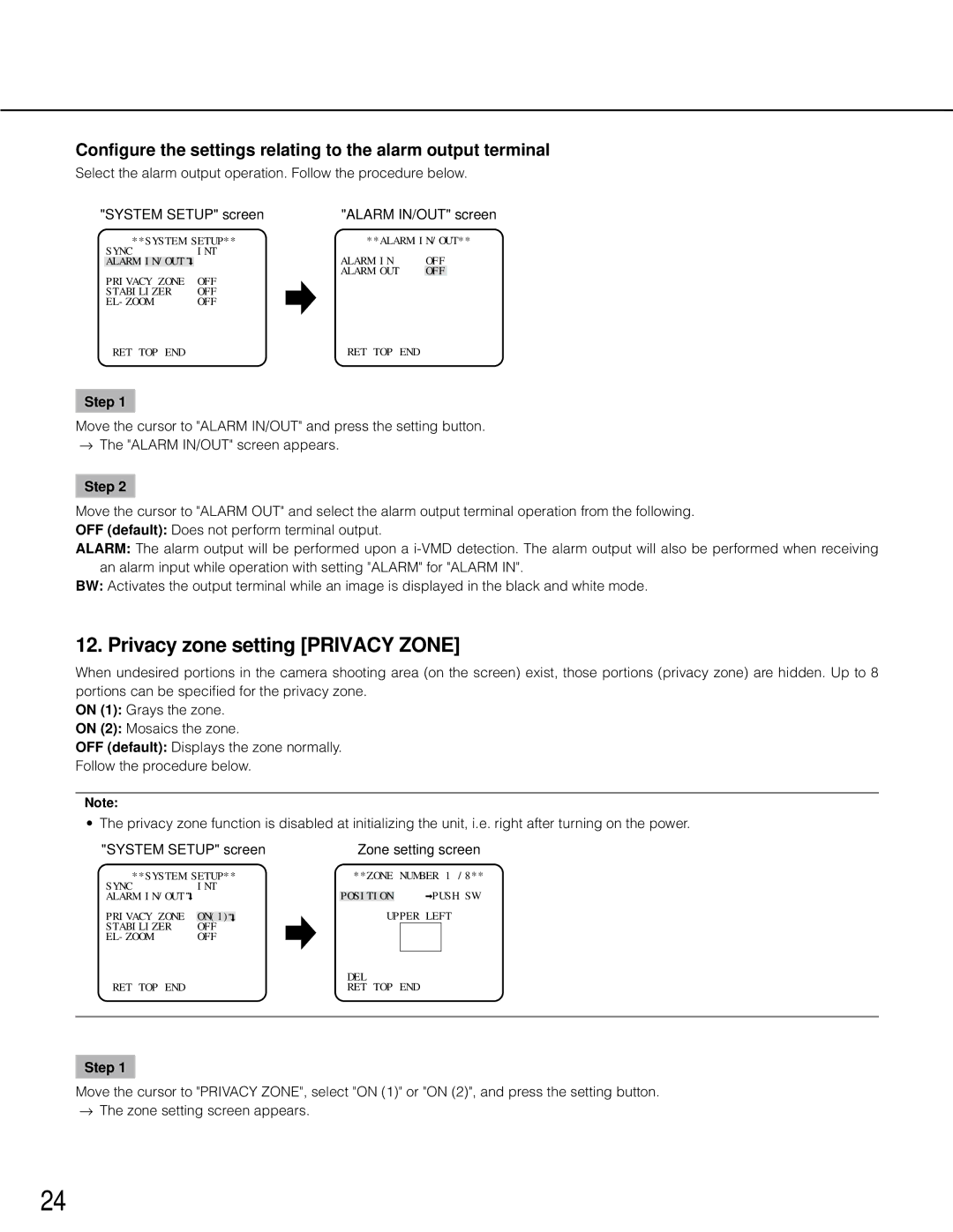 Panasonic wv-cp500 operating instructions Privacy zone setting Privacy Zone, System Setup screen Zone setting screen 