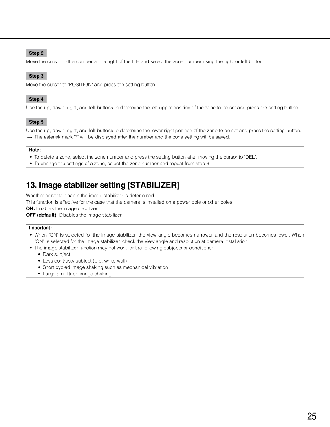 Panasonic wv-cp500 operating instructions Image stabilizer setting Stabilizer 