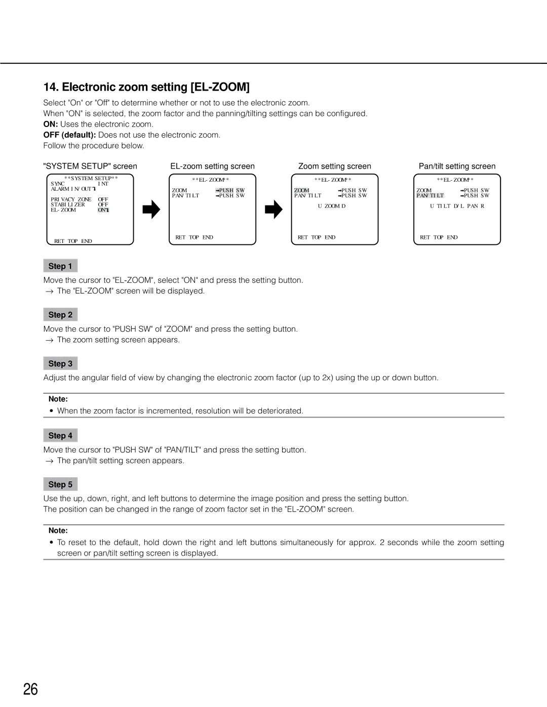 Panasonic wv-cp500 operating instructions Electronic zoom setting EL-ZOOM, Pan/tilt setting screen 