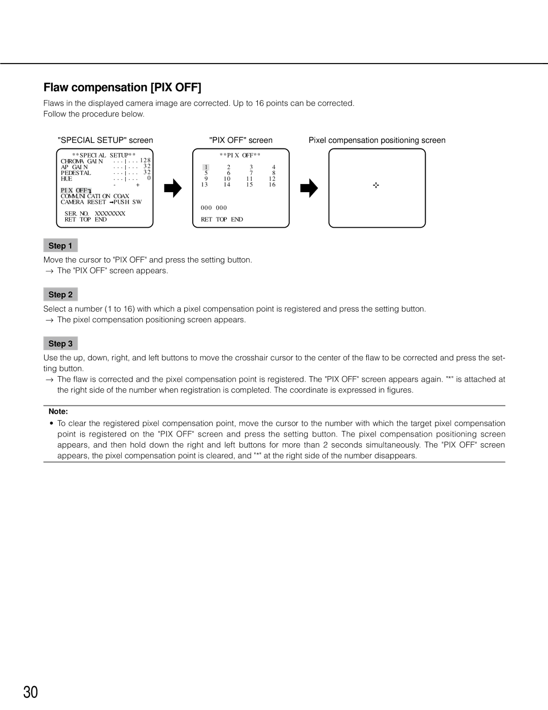 Panasonic wv-cp500 operating instructions Flaw compensation PIX OFF, PIX OFF screen, Pixel compensation positioning screen 