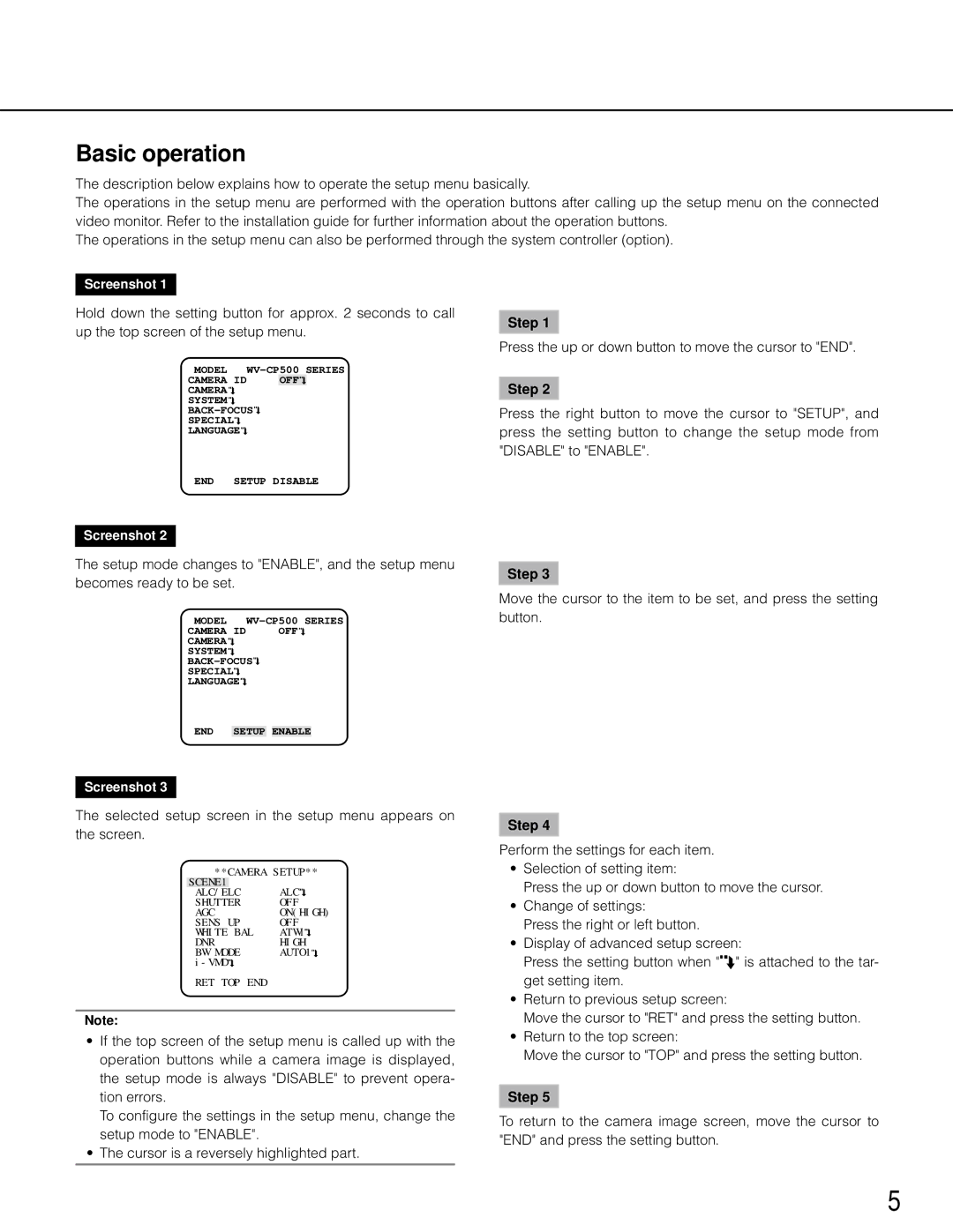 Panasonic wv-cp500 operating instructions Basic operation, Step 