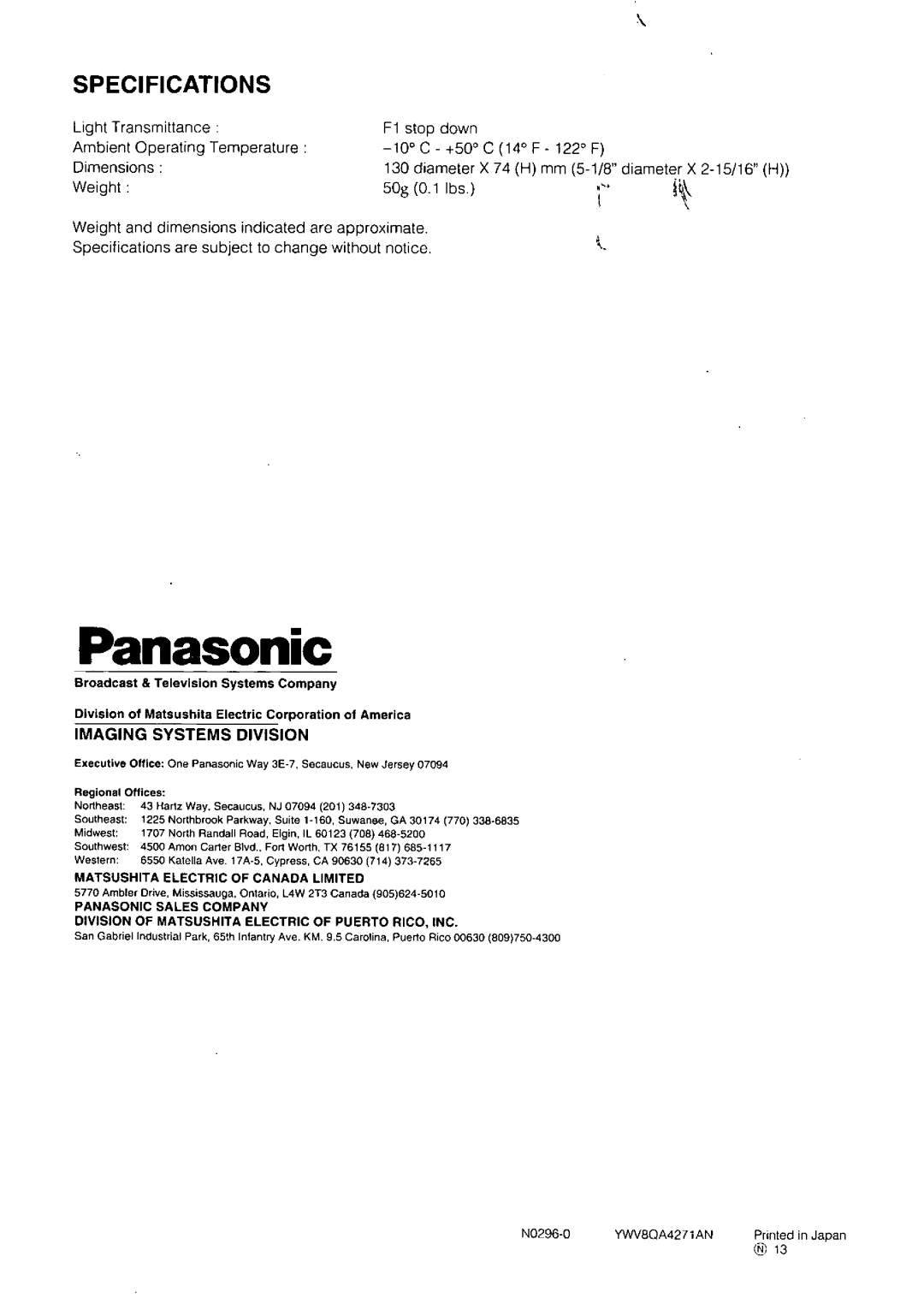 Panasonic WV-CS1S manual 