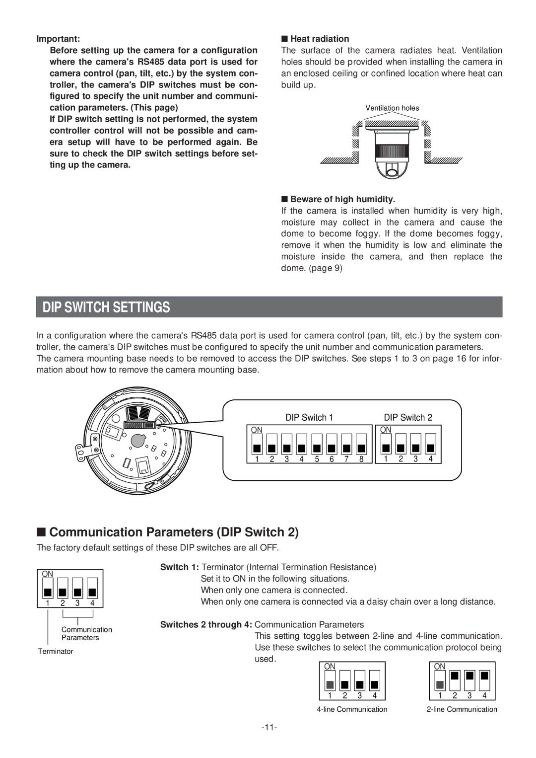 Panasonic WV-CS574 operating instructions DIP Switch Settings, Communication Parameters DIP Switch, Beware of high humidity 