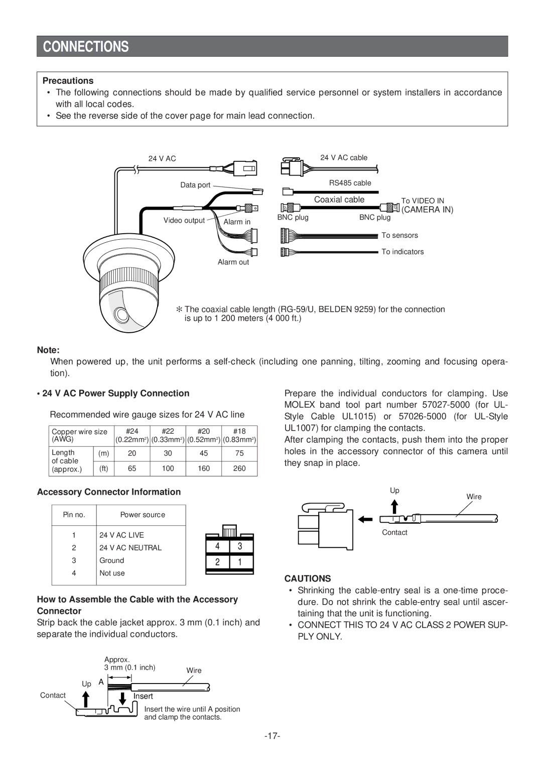 Panasonic WV-CS574 operating instructions Connections, Precautions, Accessory Connector Information 