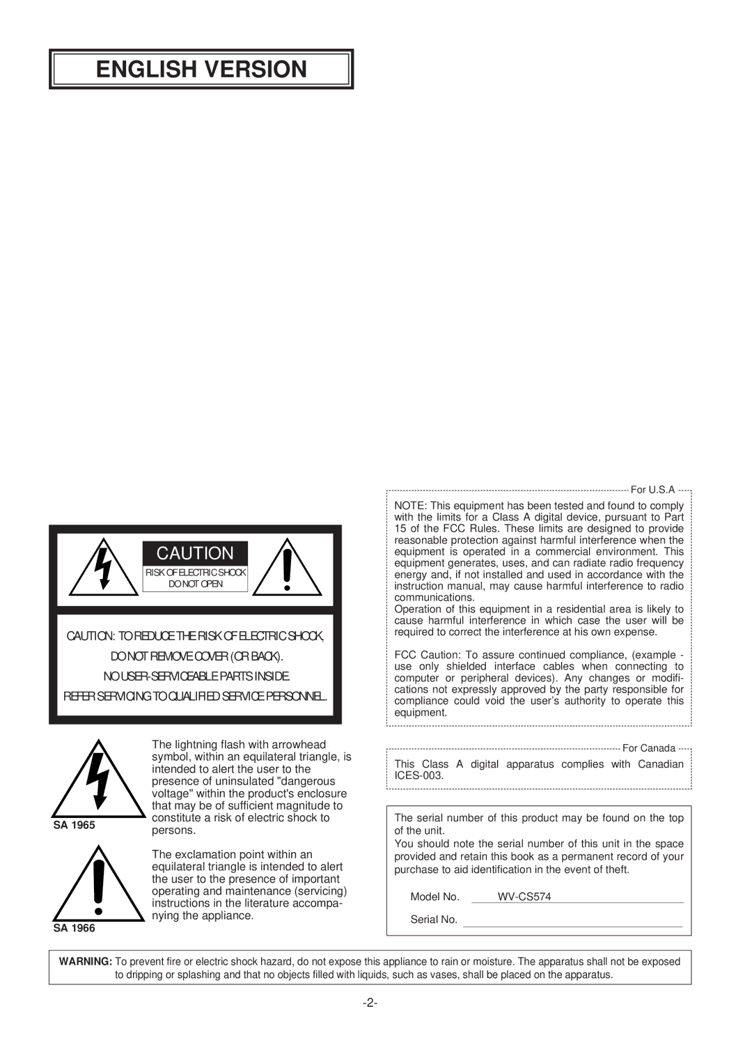 Panasonic WV-CS574 operating instructions English Version 