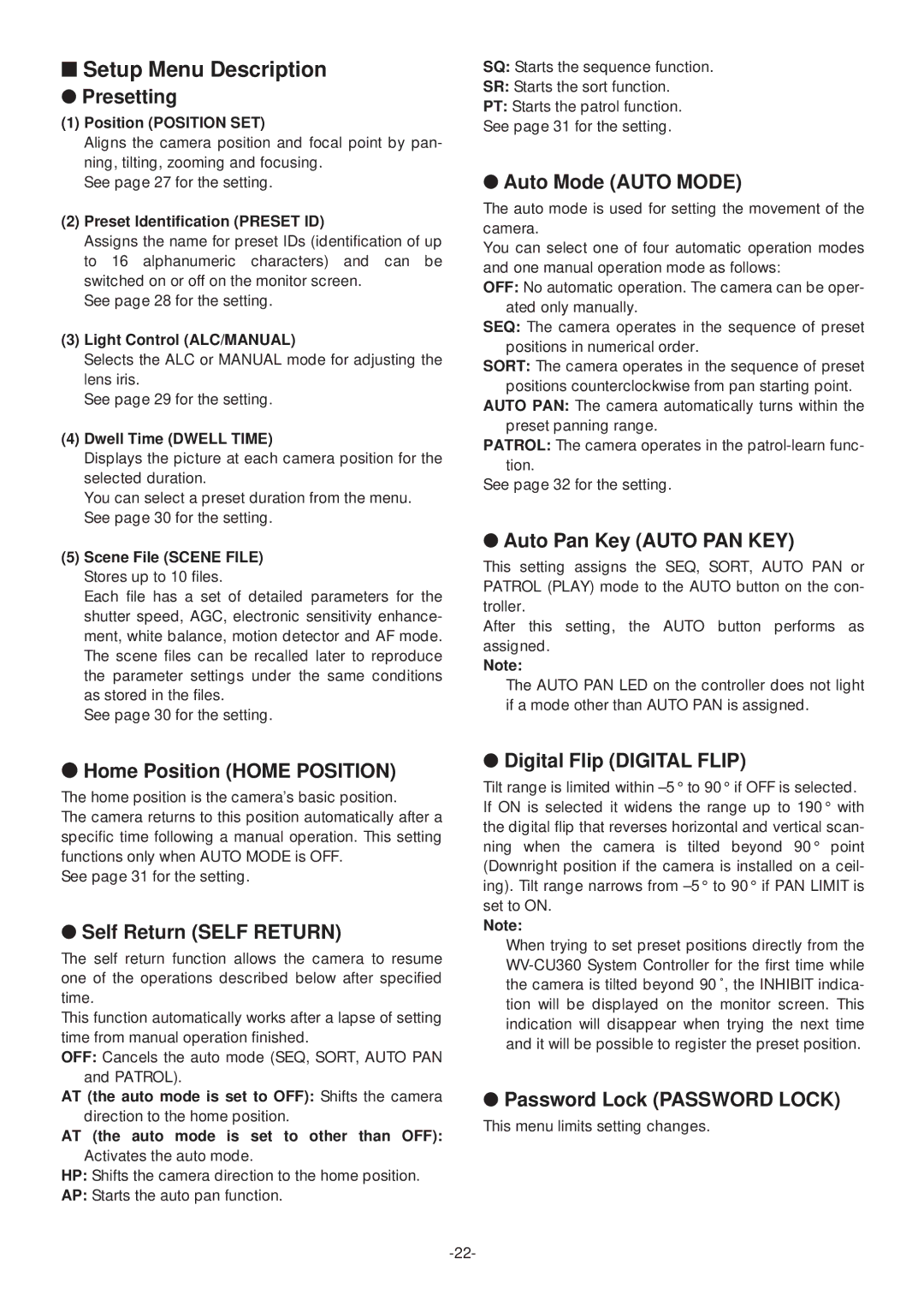 Panasonic WV-CS574 operating instructions Setup Menu Description 