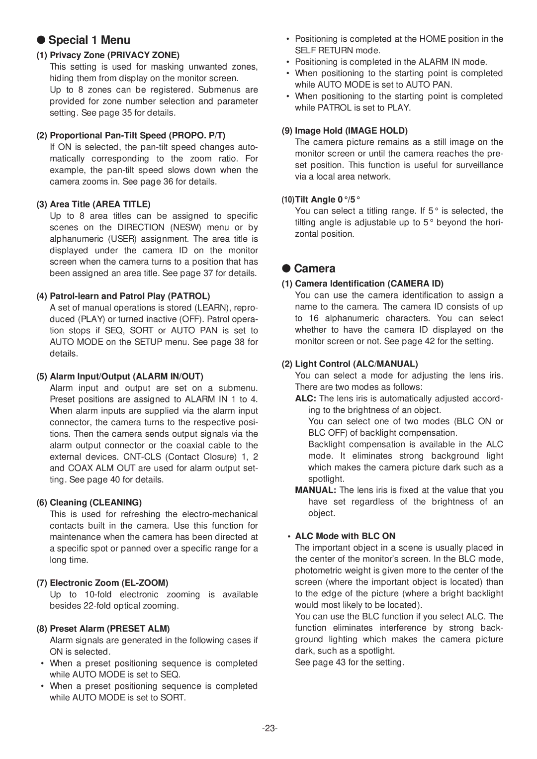 Panasonic WV-CS574 operating instructions Special 1 Menu, Camera 