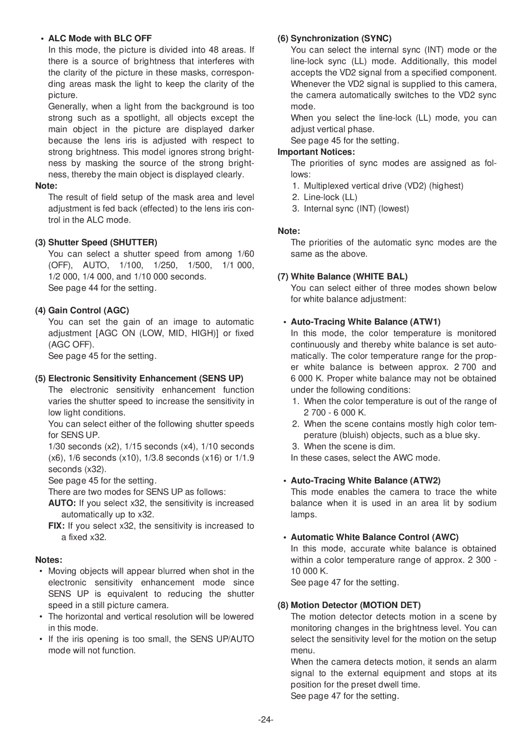 Panasonic WV-CS574 ALC Mode with BLC OFF, Shutter Speed Shutter, Gain Control AGC, Synchronization Sync, Important Notices 