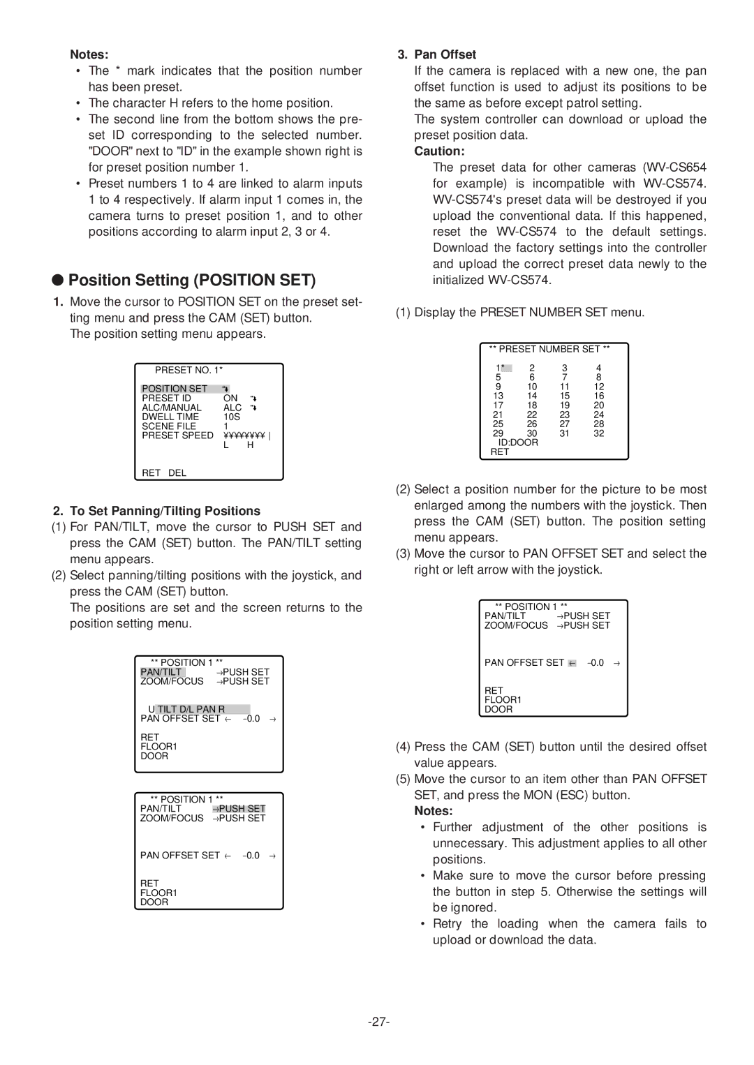 Panasonic WV-CS574 operating instructions Position Setting Position SET, To Set Panning/Tilting Positions, Pan Offset 