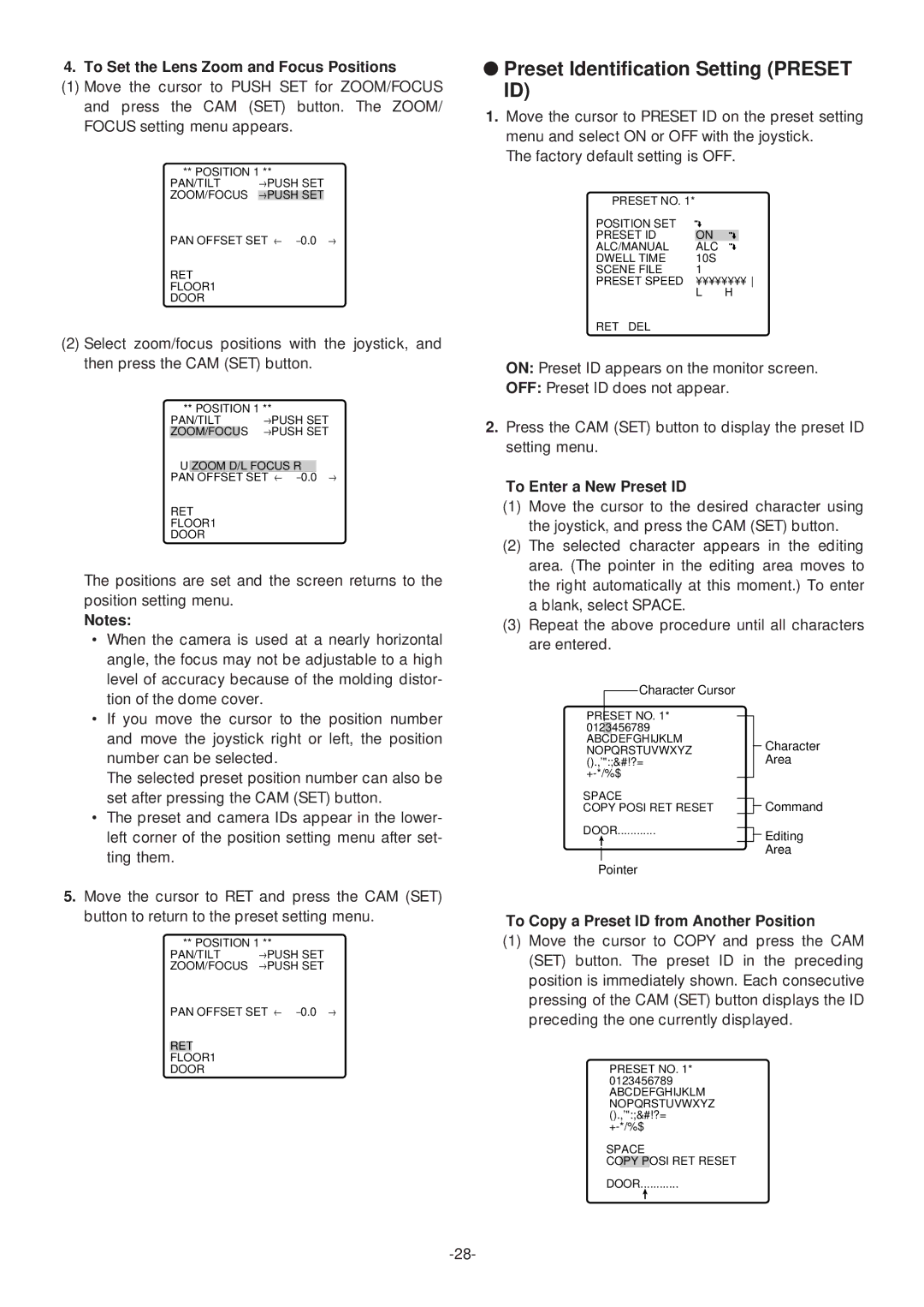 Panasonic WV-CS574 operating instructions Preset Identification Setting Preset ID, To Set the Lens Zoom and Focus Positions 