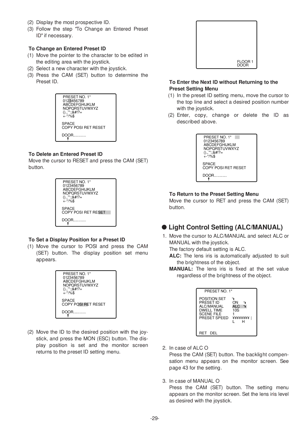 Panasonic WV-CS574 Light Control Setting ALC/MANUAL, To Change an Entered Preset ID, To Delete an Entered Preset ID 