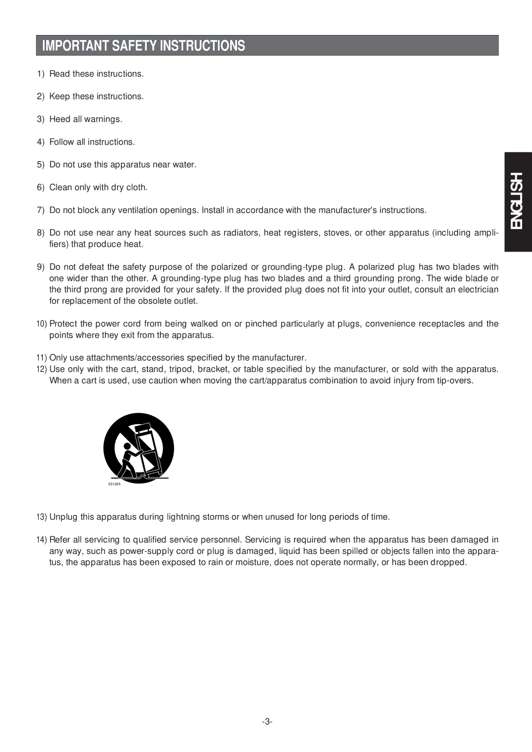 Panasonic WV-CS574 operating instructions English, Important Safety Instructions 