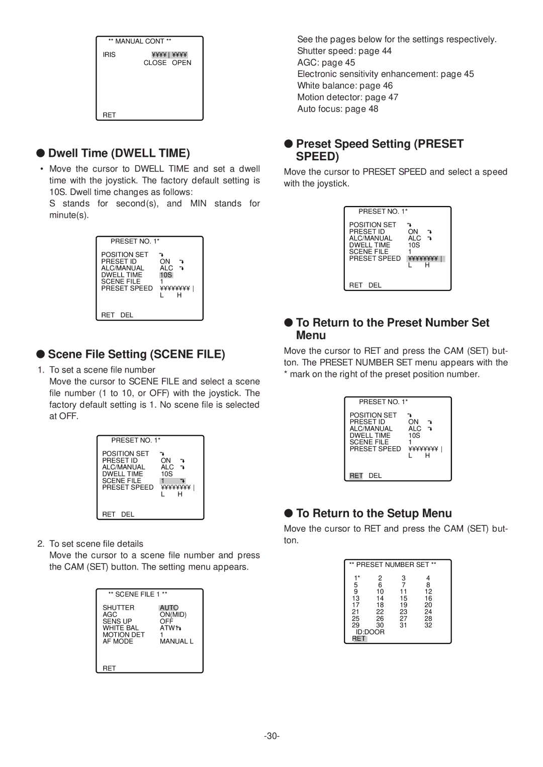 Panasonic WV-CS574 Dwell Time Dwell Time, Scene File Setting Scene File, Preset Speed Setting Preset Speed 