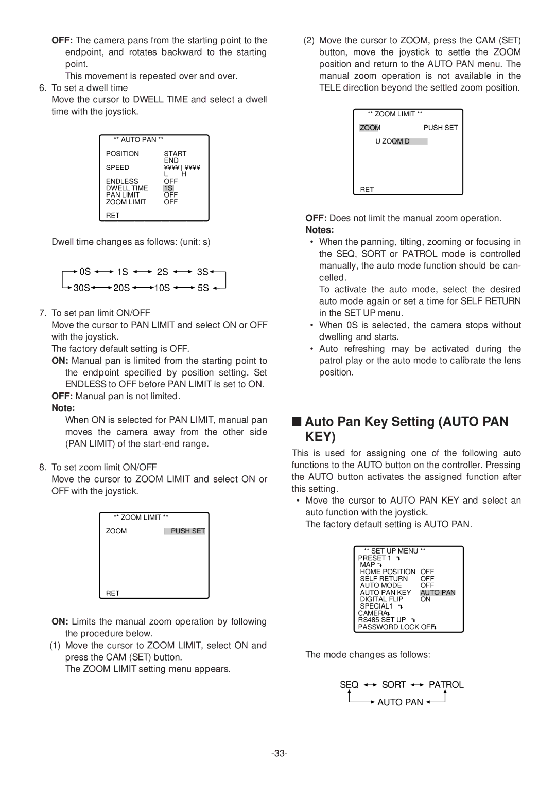 Panasonic WV-CS574 operating instructions Auto Pan Key Setting Auto PAN KEY, SEQ Sort Patrol 