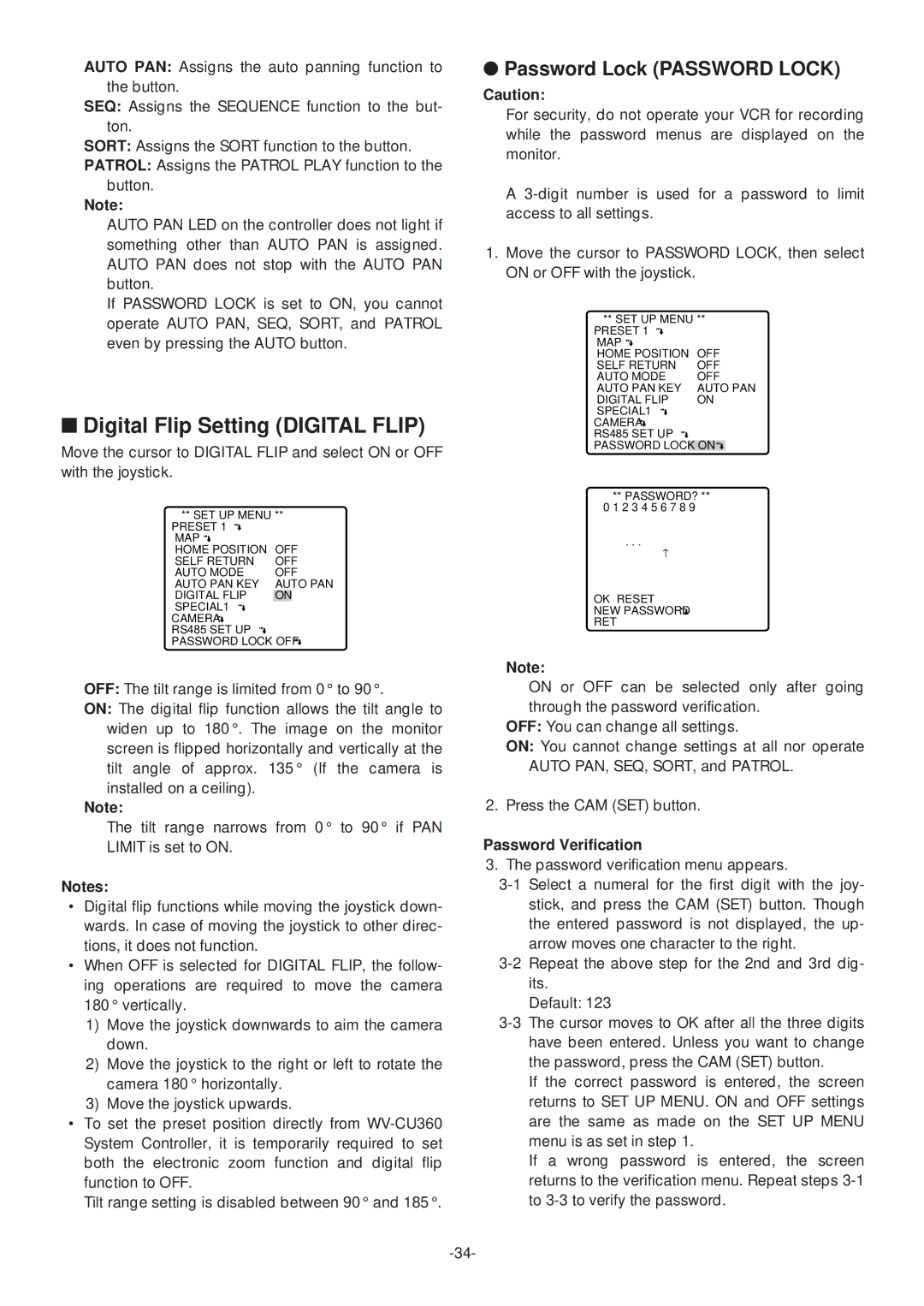 Panasonic WV-CS574 operating instructions Digital Flip Setting Digital Flip, Password Verification 