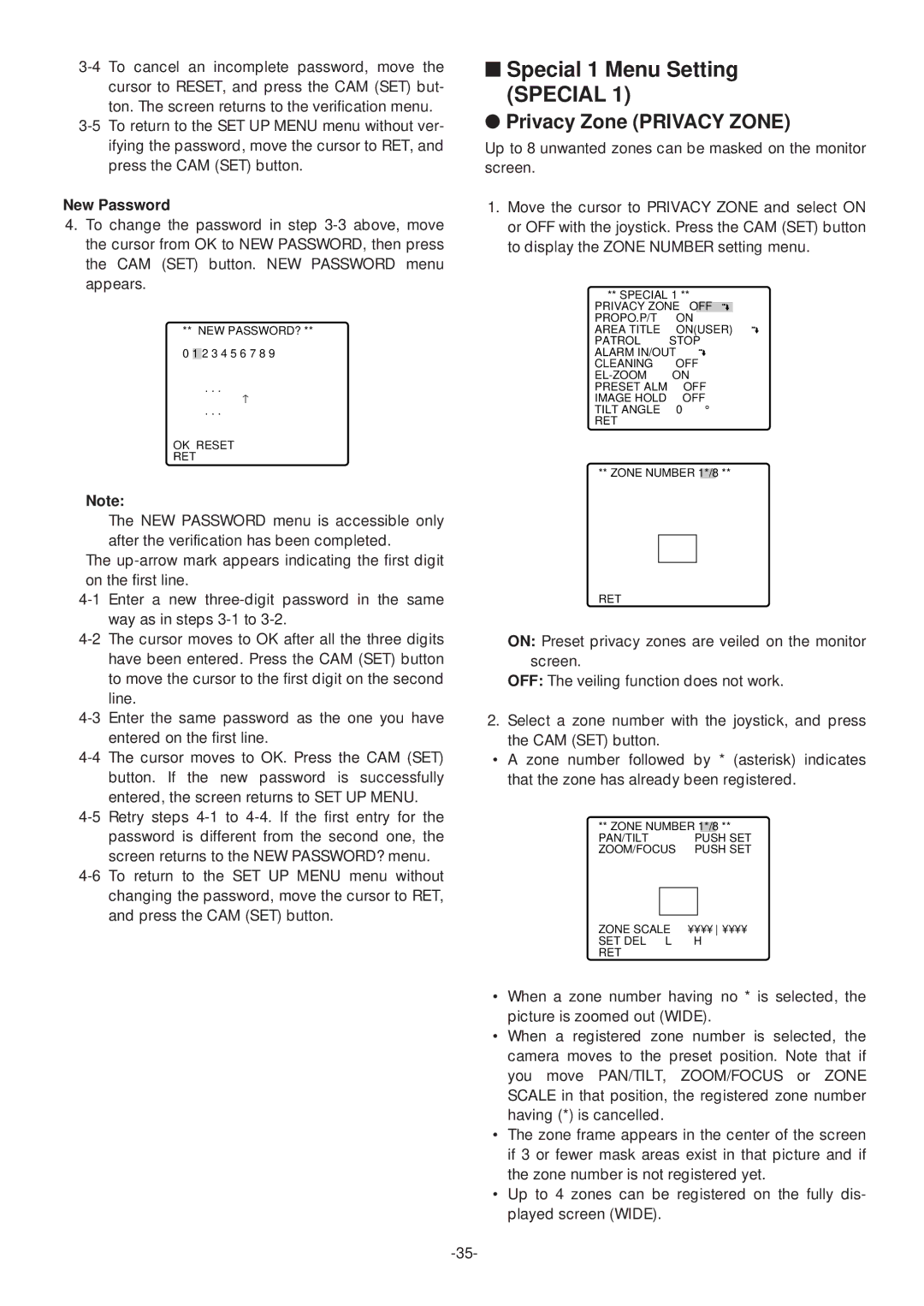 Panasonic WV-CS574 operating instructions Special 1 Menu Setting Special, Privacy Zone Privacy Zone, New Password 