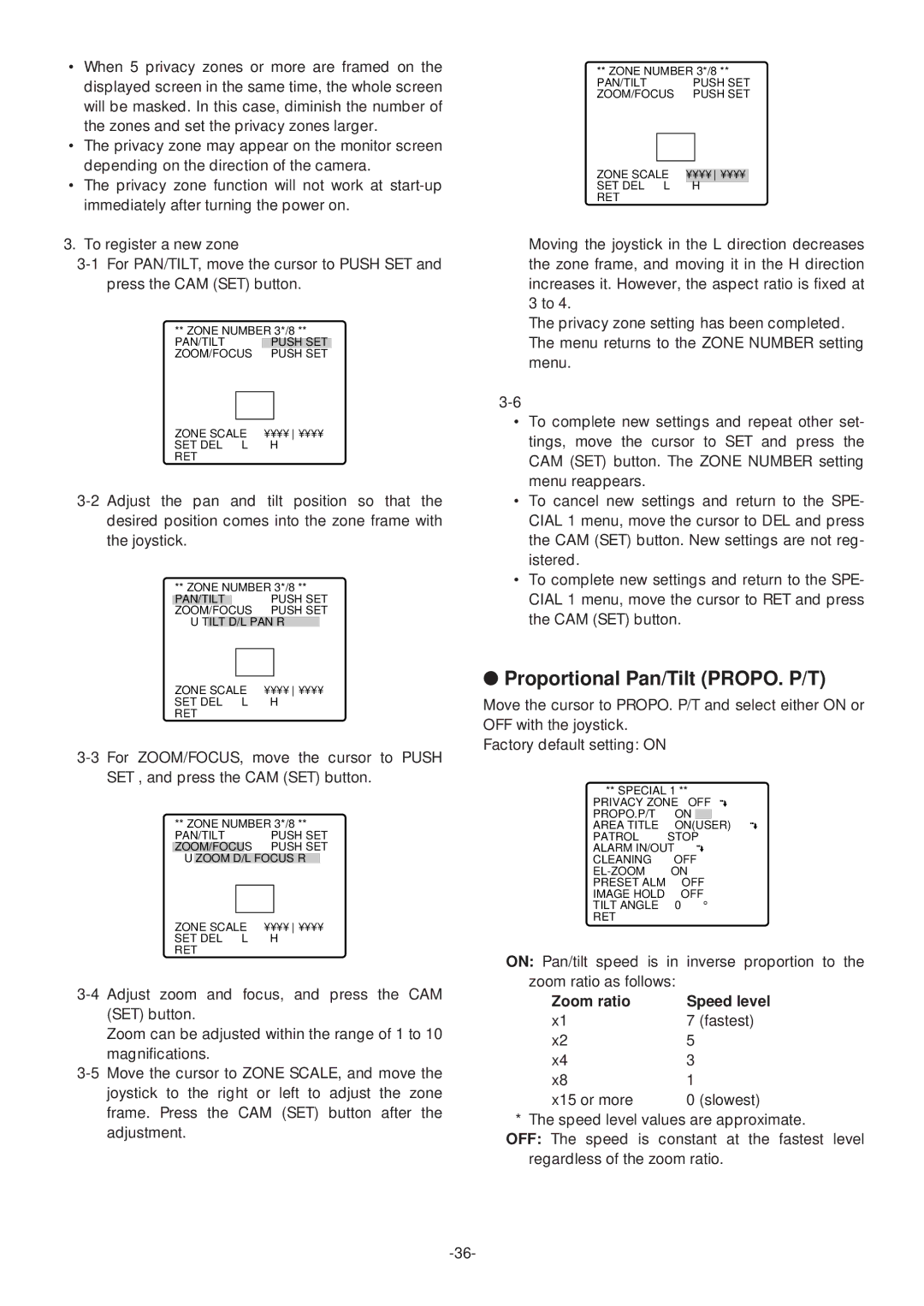 Panasonic WV-CS574 operating instructions Proportional Pan/Tilt PROPO. P/T, Zoom ratio 