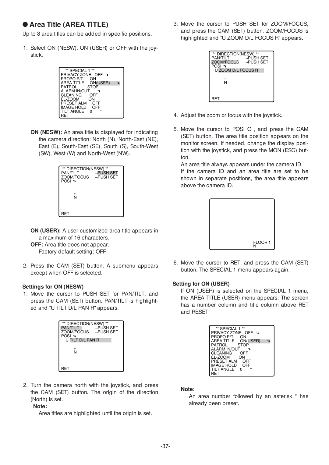 Panasonic WV-CS574 operating instructions Area Title Area Title, Settings for on Nesw, Setting for on User 